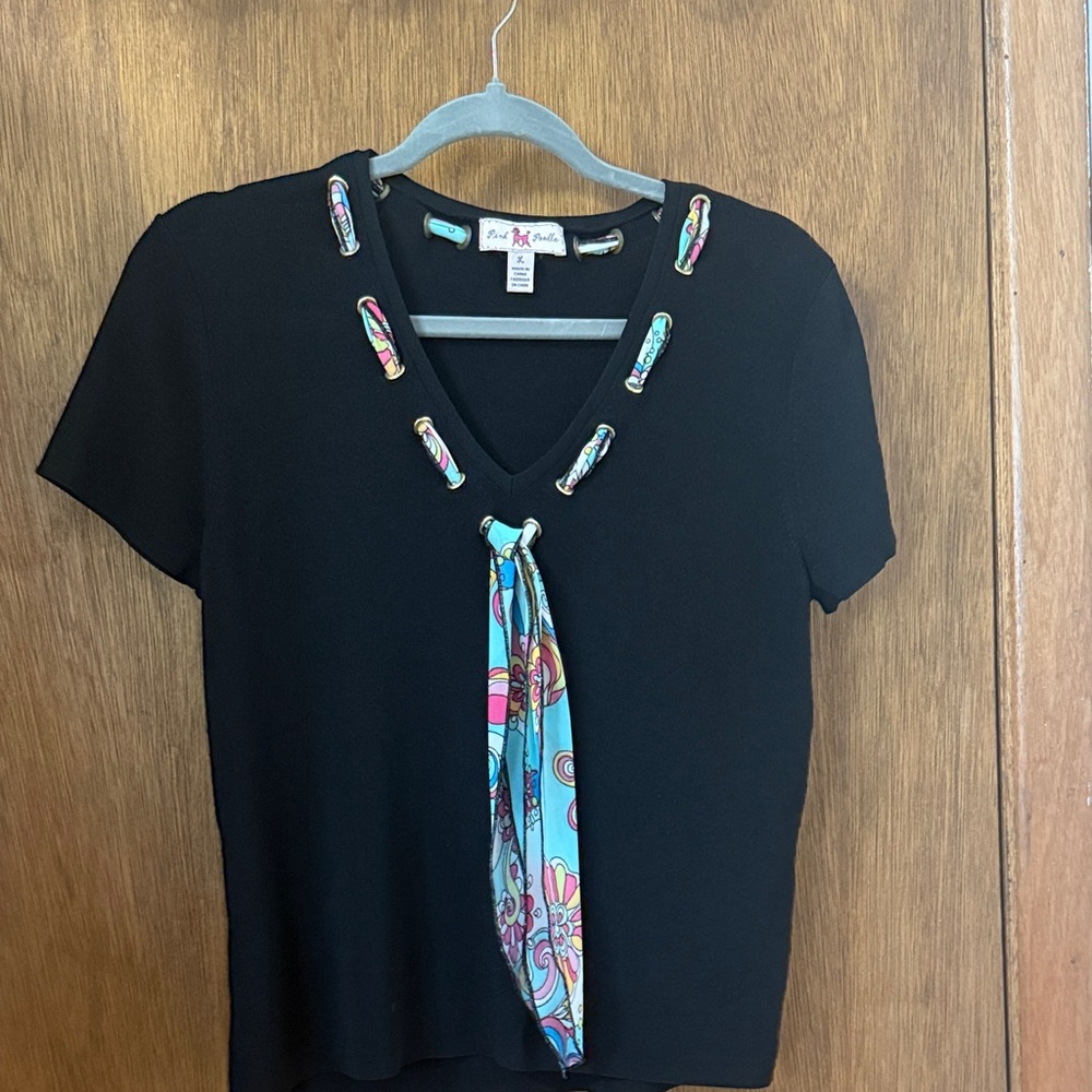 Chic Black V-Neck Blouse with Colorful Scarf Detail